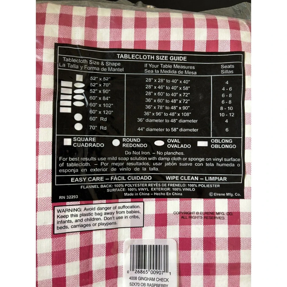Vintage Elrene Raspberry Gingham Check Vinyl Tablecloth‎ 52x70 Oblong NOS 1999